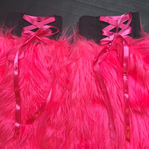 Pink Corset Leg Warmers Black Lace Up Pants Fuzzy Boot Covers Fur Legwarmers Psy - Picture 4 of 7